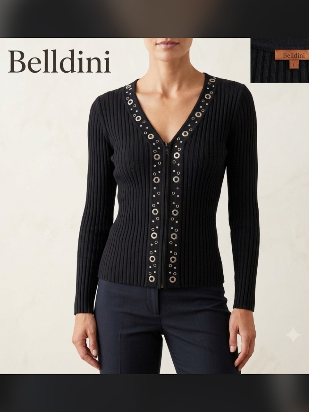 Belldini Black Ribbed Zip Cardigan Rhinestone Grommet Sz L Fits S-M